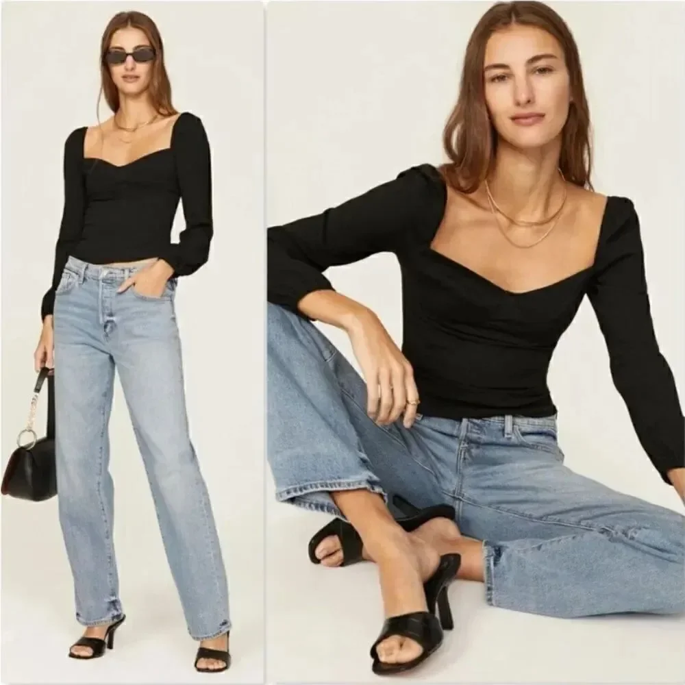 Reformation Reign Black Crop Top Blouse Size 2
